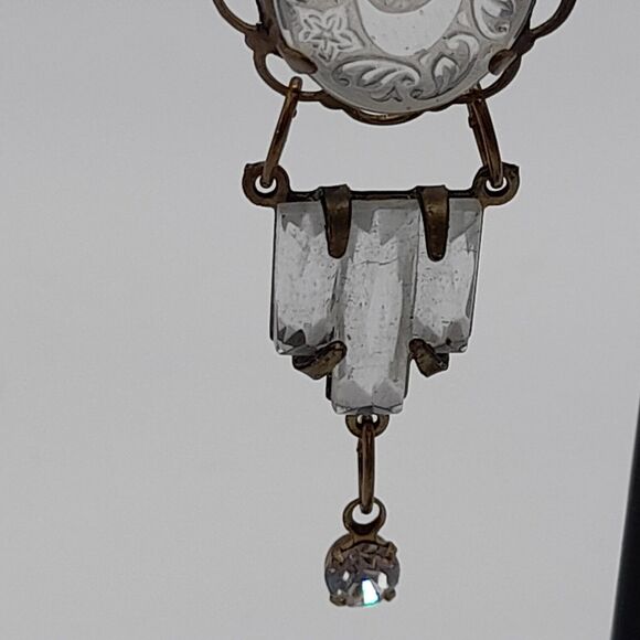 Art Deco Vauxhall Glass Reverse Carved Earrings , 3 1/2 In - Picture 6 of 12